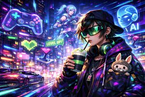 Eye-catching futuristic gamer scene representing 2025 trends, with AI, matcha, and collectibles.