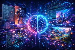 AI-powered game development, showing code, 3D models, and generative environments.