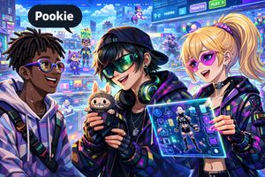 Diverse gamer characters in a virtual world, showing viral slang, collectibles, and avatar fashion.