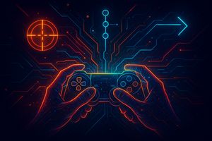 Energetic abstract depiction of precise gameplay mechanics, showing a controller connected to glowing skill representations.