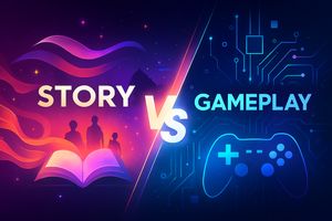 Abstract visual representing the conflict and synergy between game story and gameplay elements with narrative motifs and mechanical patterns.