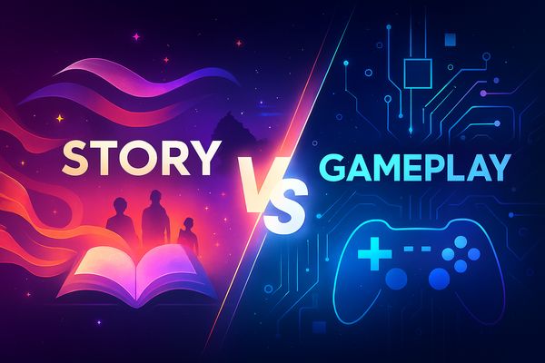 Abstract visual representing the conflict and synergy between game story and gameplay elements with narrative motifs and mechanical patterns.