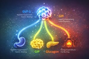 Illustration of triple-receptor agonist mechanism, showing GLP-1, GIP, and Glucagon pathways affecting appetite, insulin, and energy expenditure.