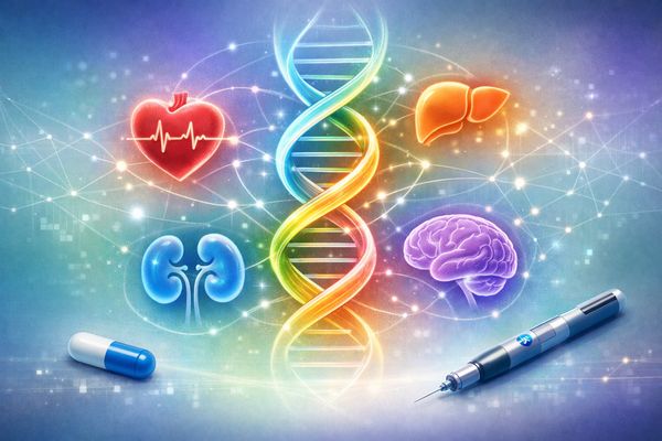 Abstract illustration of GLP-1s driving multi-organ health, with intertwined DNA, heart, kidney, liver, and brain icons.