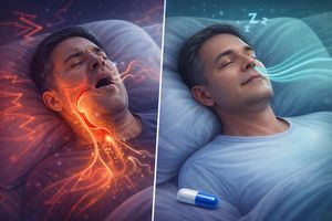 Before and after image of obstructive sleep apnea treatment, showing restless sleep versus peaceful sleep with improved breathing, linked to GLP-1 therapy.