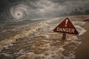 Murky coastal water with a partially submerged danger sign, hinting at flesh-eating bacteria in warming oceans.