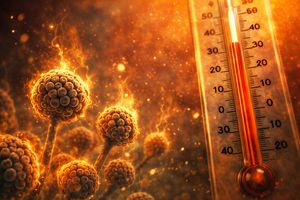 Microscopic view of fungal spores glowing, symbolizing adaptation to rising temperatures and breaking the human thermal barrier.