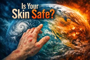 Distorted Earth with chaotic weather patterns, a subtle human hand reaching out, symbolizing climate change impacting skin health.