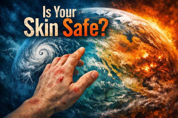 Distorted Earth with chaotic weather patterns, a subtle human hand reaching out, symbolizing climate change impacting skin health.