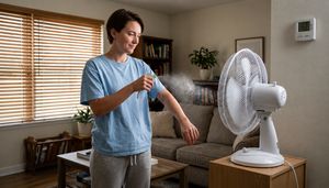 Person using an electric fan and a spray bottle to enhance cooling during a heatwave.