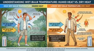 Infographic contrasting human heat tolerance in humid versus dry heat conditions with wet-bulb temperature readings.