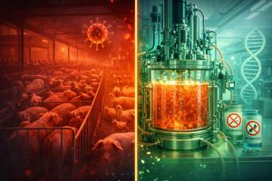 Comparison of industrial animal farming (disease risk) and cultivated meat production (public health benefits).