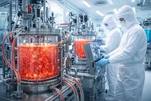 Scientists in a sterile lab overseeing bioreactors for cultivated meat production.