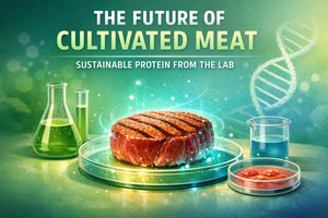 Cultivated meat steak with scientific elements, representing Vegan Meat 3.0 health and future food.
