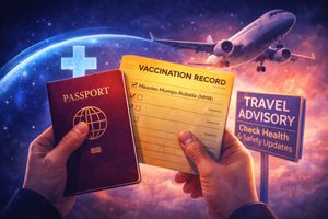 Traveler holding passport and vaccination card, emphasizing travel health guidelines.