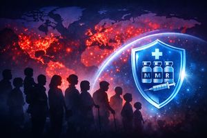 World map with measles outbreaks and a protective shield representing vaccination.