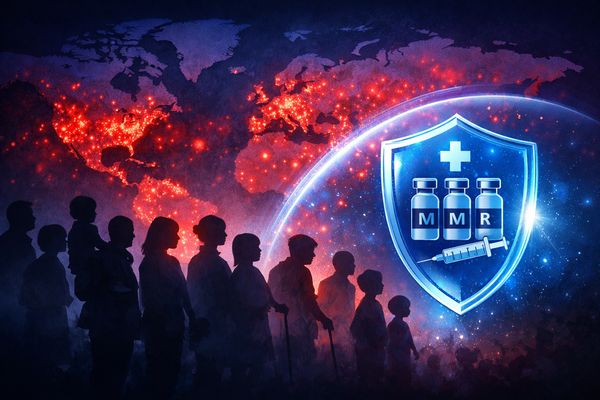 World map with measles outbreaks and a protective shield representing vaccination.