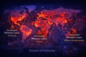 Global map showing measles outbreak hotspots and areas of low vaccination.