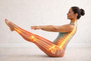 Diagram illustrating core muscle engagement and spinal alignment during a Pilates exercise