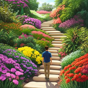 Person walking on a path of small stepping stones towards a flourishing garden, symbolizing the journey of building wellness routines with tiny habits.