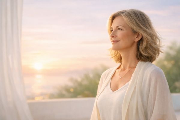 Elegant woman confidently looking forward, symbolizing new beginnings in menopause