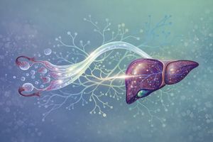Abstract illustration of the Ovary-Liver Axis, showing hormonal impact on liver metabolism during menopause