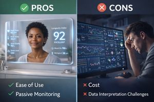Visual representation of the advantages and disadvantages of advanced health technology like the Longevity Mirror, showing ease of use versus potential complexities.