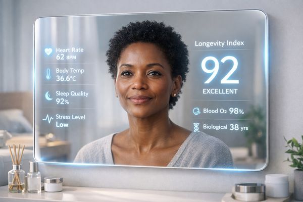 Futuristic NuraLogix Longevity Mirror reflecting a healthy individual, displaying health scores and biological age.