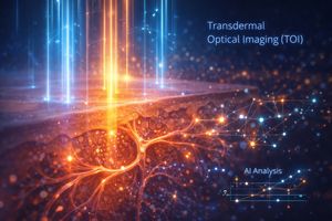 Abstract illustration of Transdermal Optical Imaging (TOI) showing light penetrating skin and detecting blood flow patterns for health analysis.