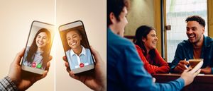 A split image showing positive digital interaction (video call) contrasted with joyful in-person connection at a coffee shop.