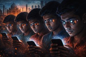 Young Indian men absorbing social media content from Andrew Tate-like figures, blending tradition with digital influence.