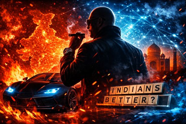 Andrew Tate silhouette with global digital network and Indian map, symbolizing controversy