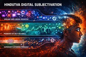 Multi-layered digital pipeline illustrating Hindutva Digital Subjectivation: superiority, self-reliance, and misogyny.