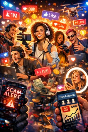 Energetic content creators with digital devices and social media icons, with subtle glitch effects hinting at fraud in the booming creator economy.