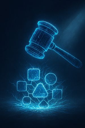 Digital gavel striking abstract social media platforms, symbolizing regulatory action and fines against tech giants.