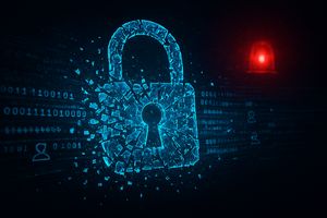 Shattered padlock with escaping data streams, symbolizing a data breach and cybersecurity risk.