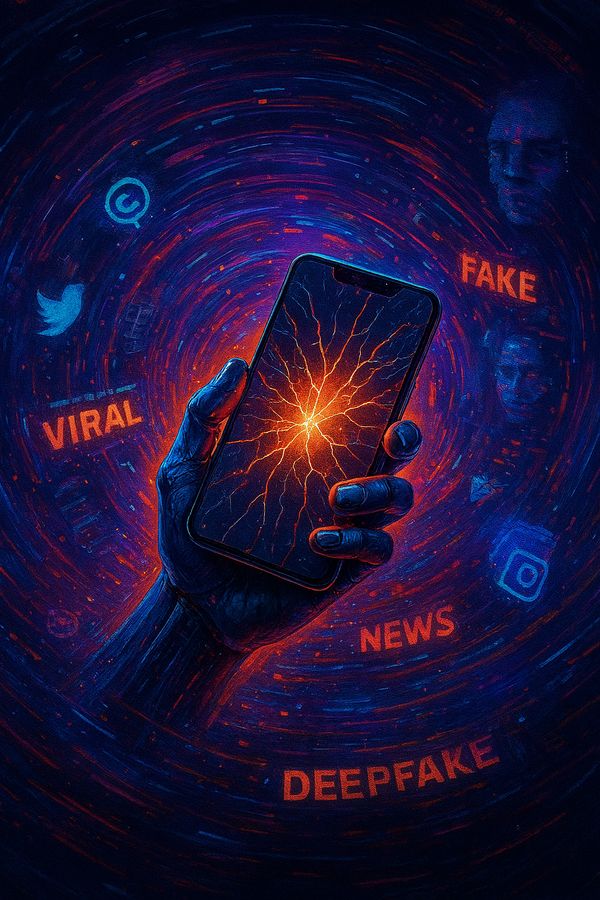 Dramatic digital vortex with social media icons and glowing data, fragmented smartphone in hand, symbolizing 2024's wildest social buzz and digital drama.