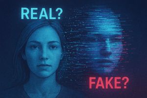Overlapping, glitching faces with digital effects, questioning 'REAL?' and 'FAKE?', representing deepfake technology and authenticity crisis.