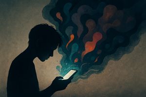 Silhouette of a young person looking at a smartphone, surrounded by dark, swirling clouds of negative emotions, symbolizing social media's impact on mental health.