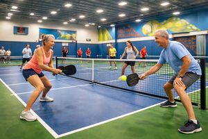 Multi-generational players enjoying a pickleball game on an indoor court.