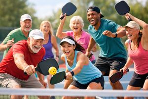 Diverse age groups enjoying pickleball together, illustrating intergenerational social buzz