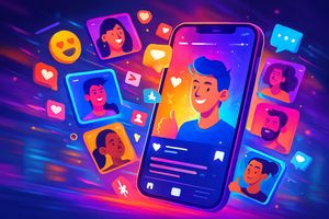 Smartphone displaying vertical short-form video with swirling mini-clips and social media emojis, symbolizing the dominance of TikTok and Reels.