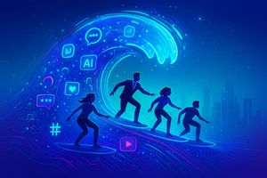 Digital wave composed of social media icons and tech symbols, with people surfing, representing staying updated on digital trends and social buzz.