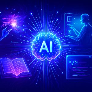 Stylized illustration of an AI explosion with a glowing brain, generative art, text, and code, representing the rapid advancements in artificial intelligence.