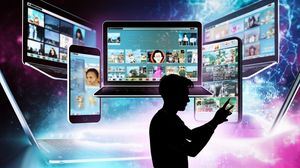 Digital screens displaying various internet trends and social media feeds, with a person interacting fluidly.