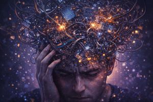 Illustration of AI Cognitive Fatigue or Brain Fry in a human mind.