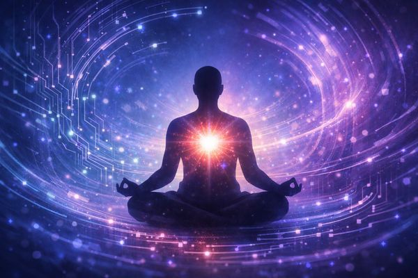 Human silhouette meditating to recover from AI burnout