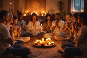 People engaged in communal prayer or meditation, symbolizing social scaffolding and human connection.