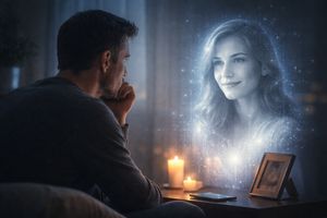 A person engaging with a holographic projection of a deceased loved one via Grief Tech.