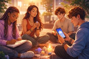 Young adults engaged in individual spiritual practices, symbolizing the unbundling of faith.